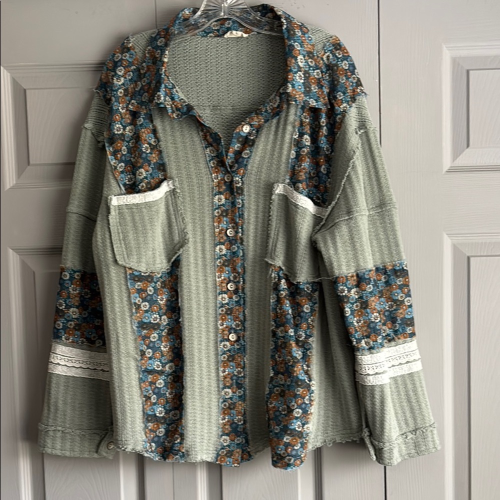 POL Floral Patchwork Long Sleeve Top - Green and Blue